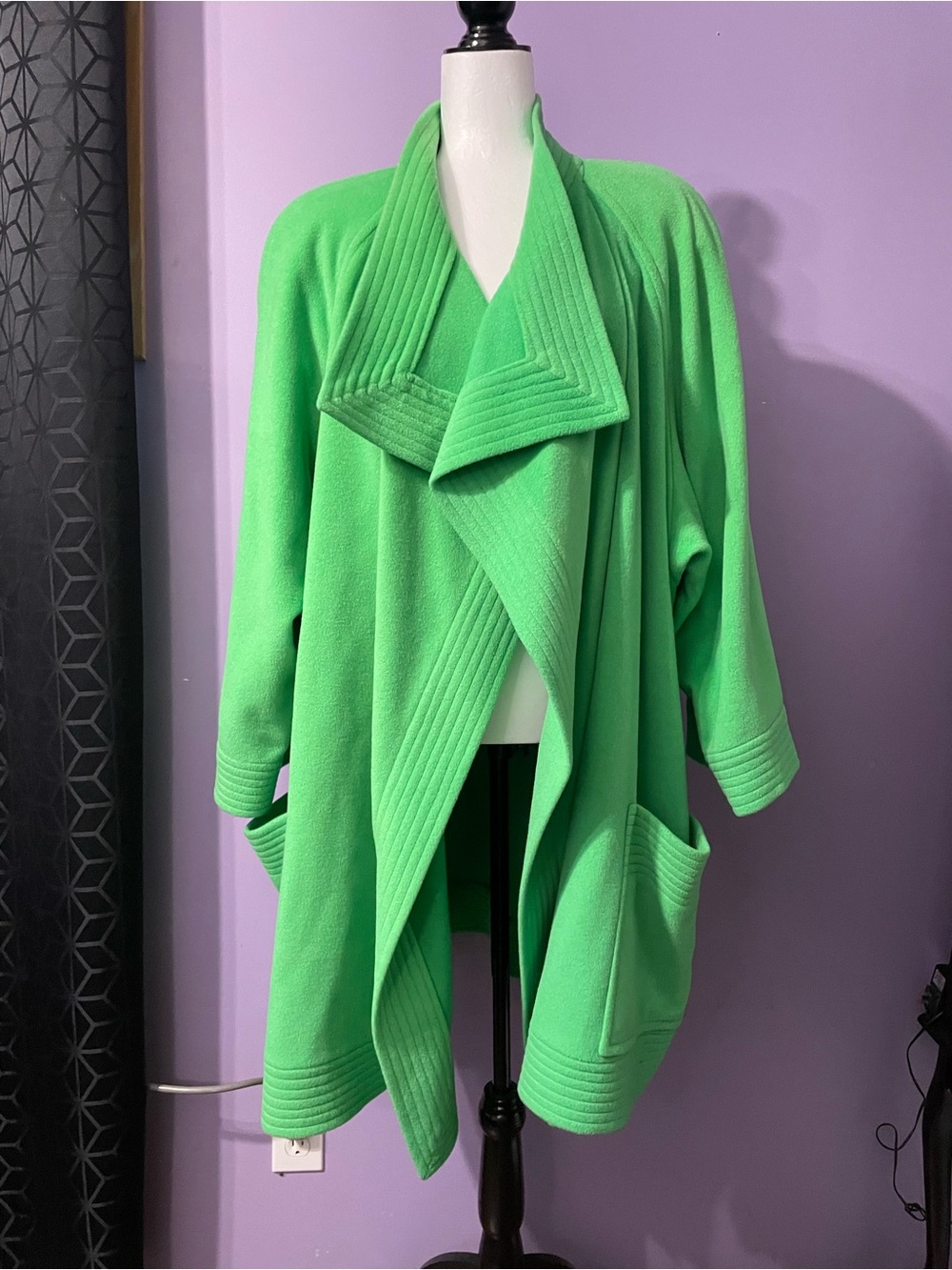 VTG Liptons Lime Green Wool/Angora Draped Shawl Collar Open Cardigan Coat